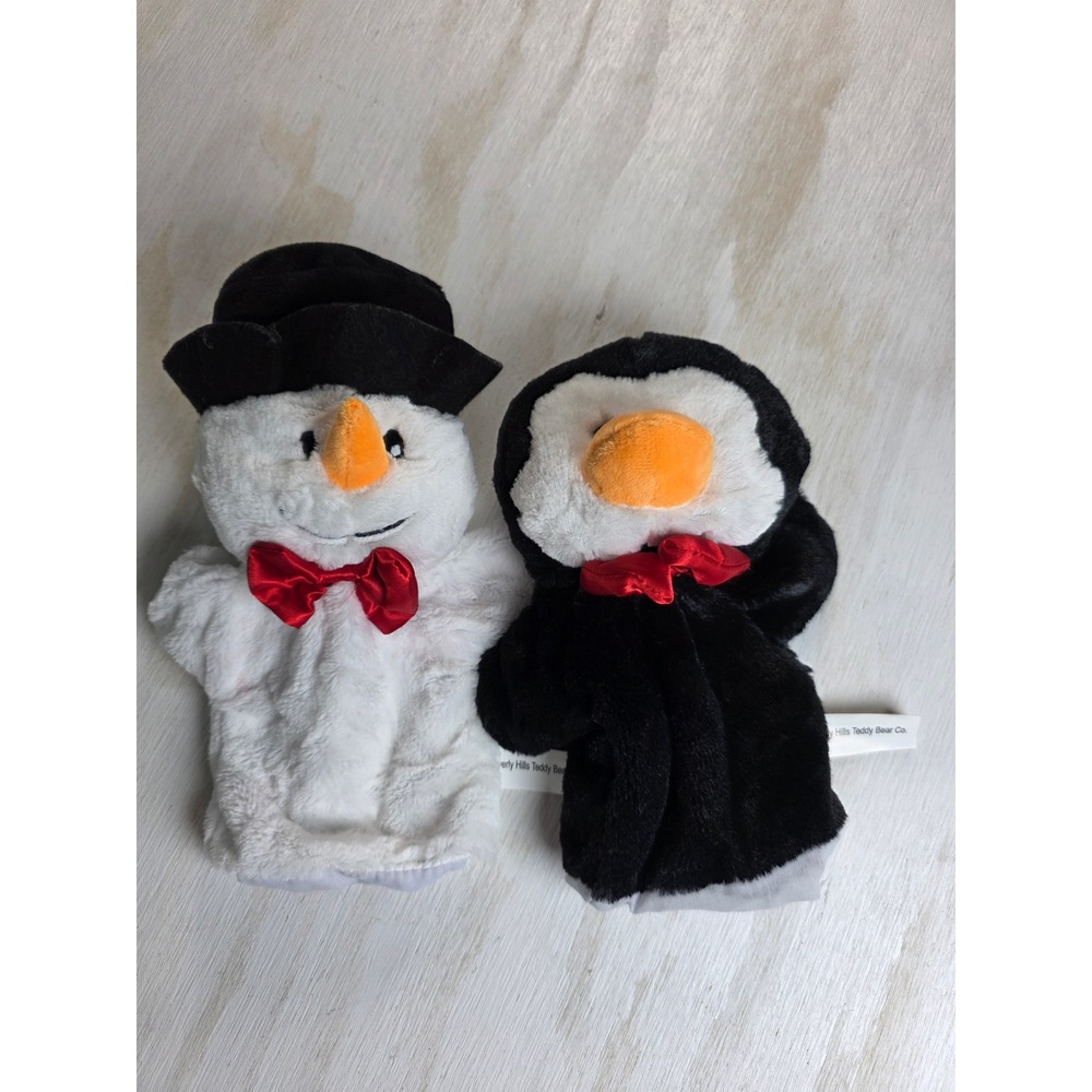 Beverly Hills Teddy Bear Co Snowman Penguin Plush Hand Puppet Set Holiday Winter